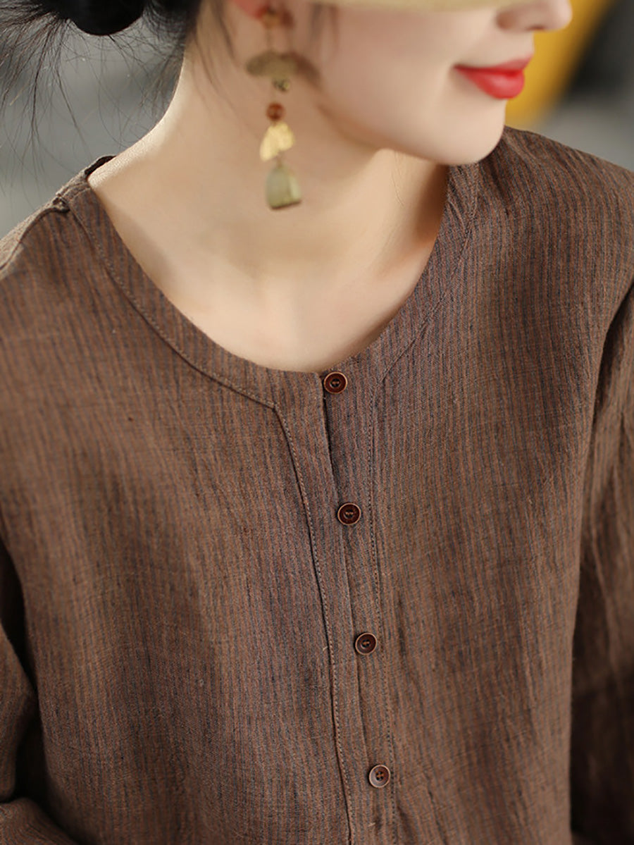 Summer Retro Stripe O-Neck Pure Linen Blouse for Women - gallery