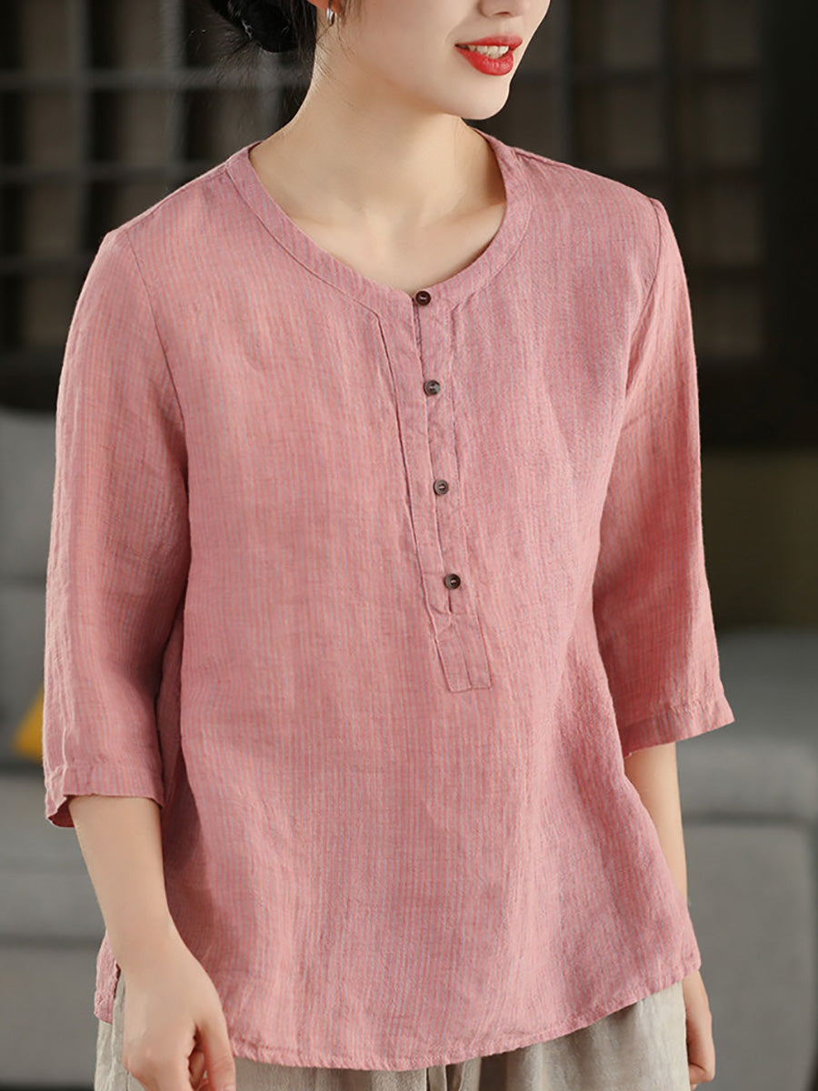 Summer Retro Stripe O-Neck Pure Linen Blouse for Women - gallery