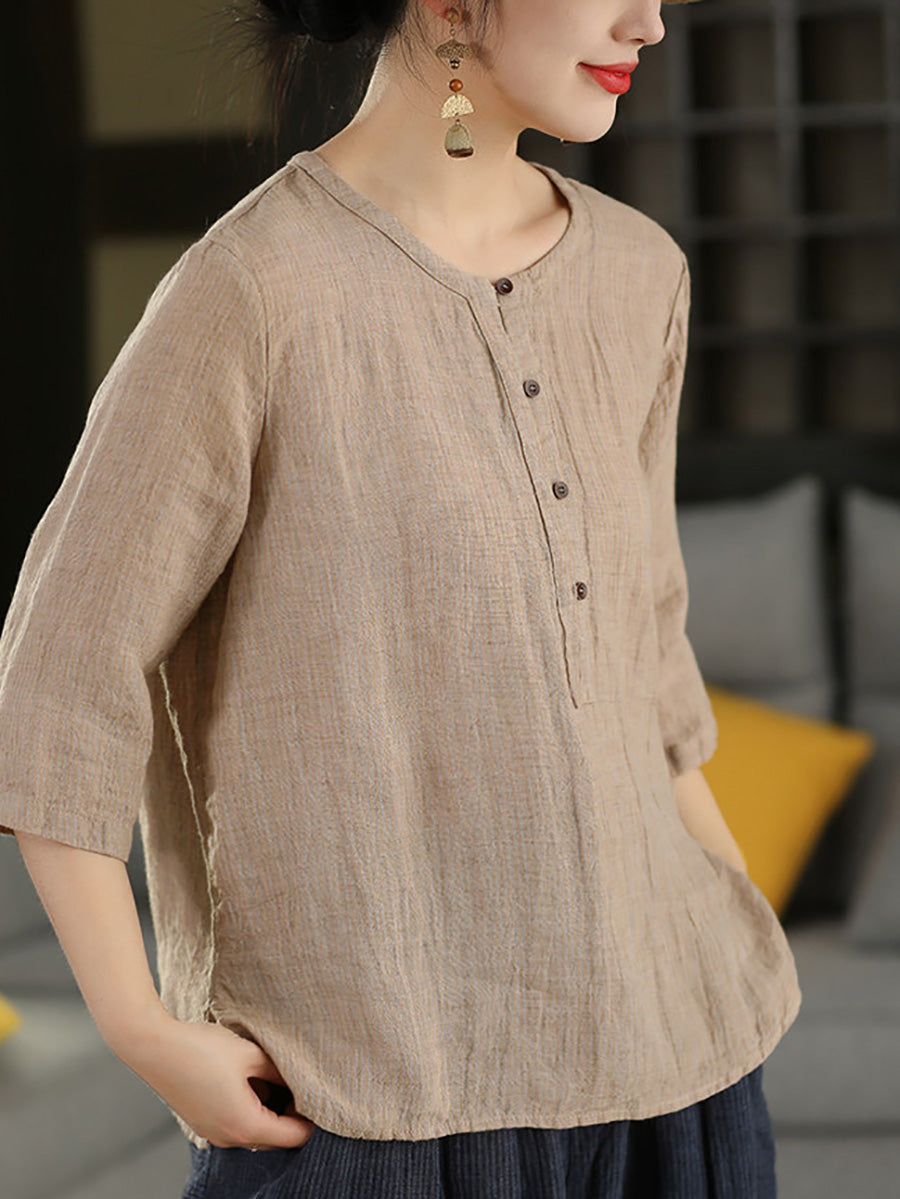 Summer Retro Stripe O-Neck Pure Linen Blouse for Women - gallery