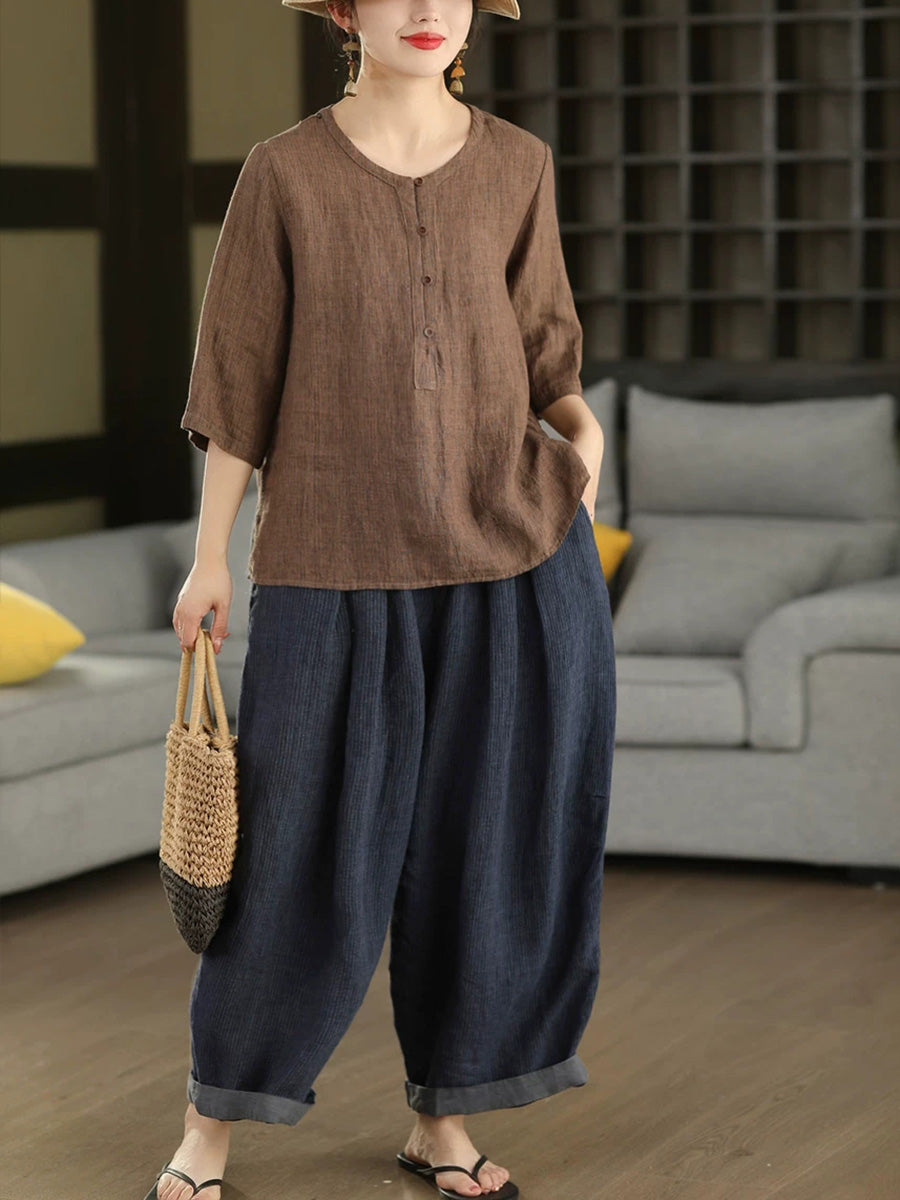 Summer Retro Stripe O-Neck Pure Linen Blouse for Women - gallery