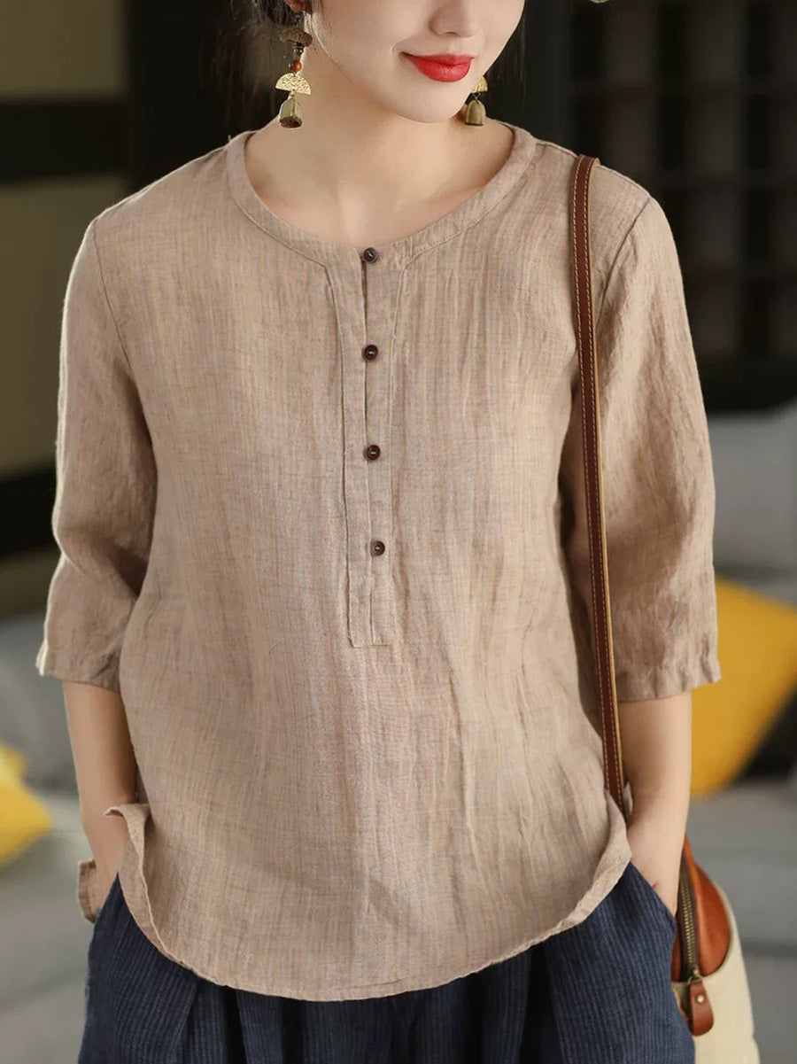 Summer Retro Stripe O-Neck Pure Linen Blouse for Women - gallery