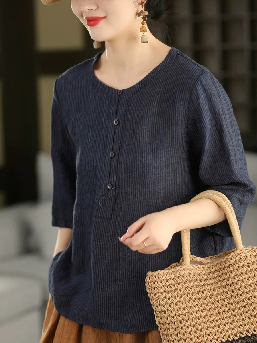 Summer Retro Stripe O-Neck Pure Linen Blouse for Women - gallery