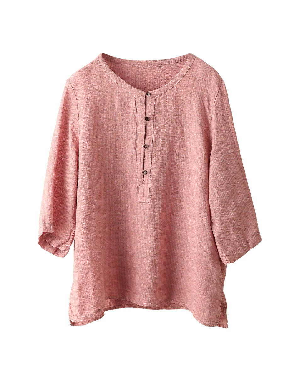 Summer Retro Stripe O-Neck Pure Linen Blouse for Women - gallery
