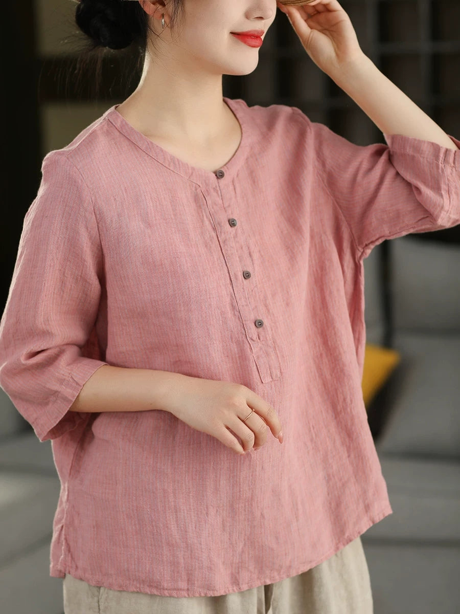 Summer Retro Stripe O-Neck Pure Linen Blouse for Women - gallery