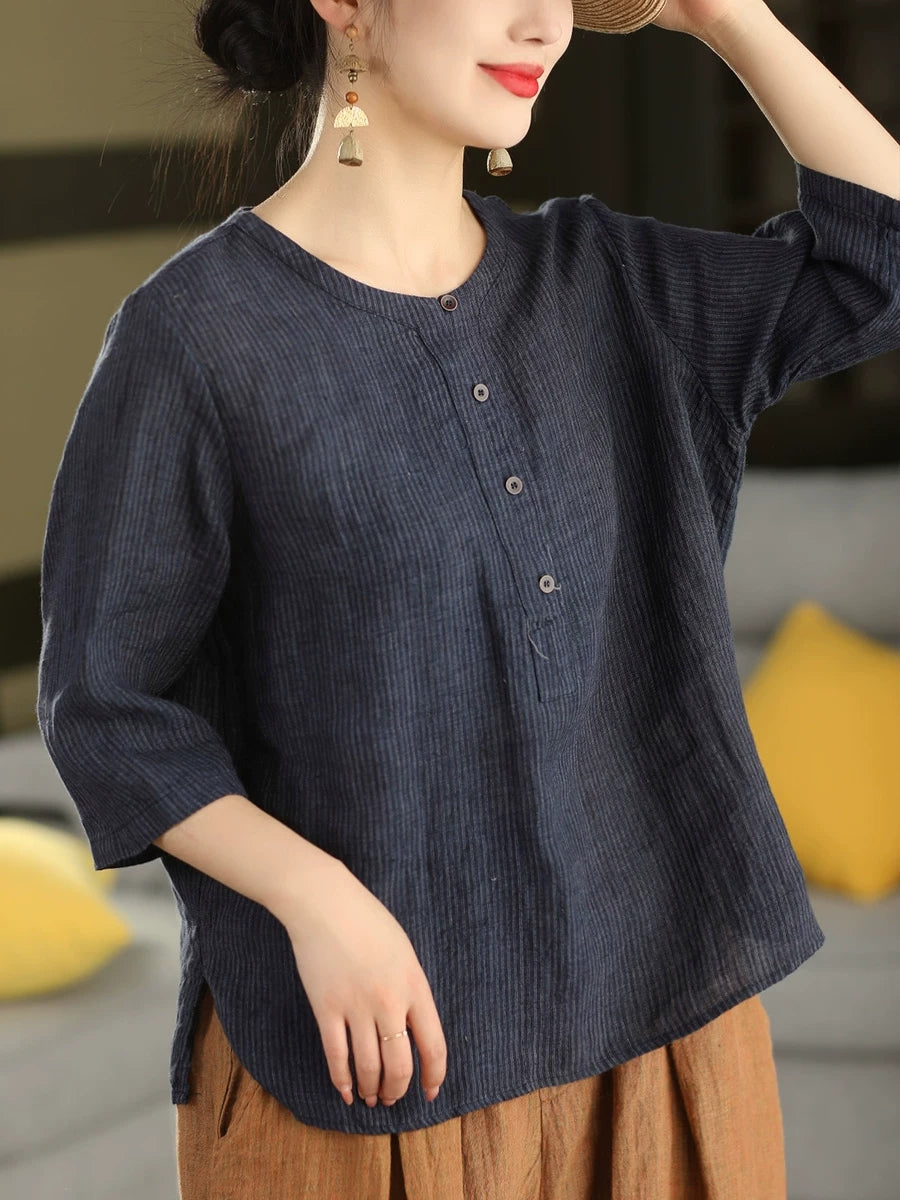 Summer Retro Stripe O-Neck Pure Linen Blouse for Women - gallery