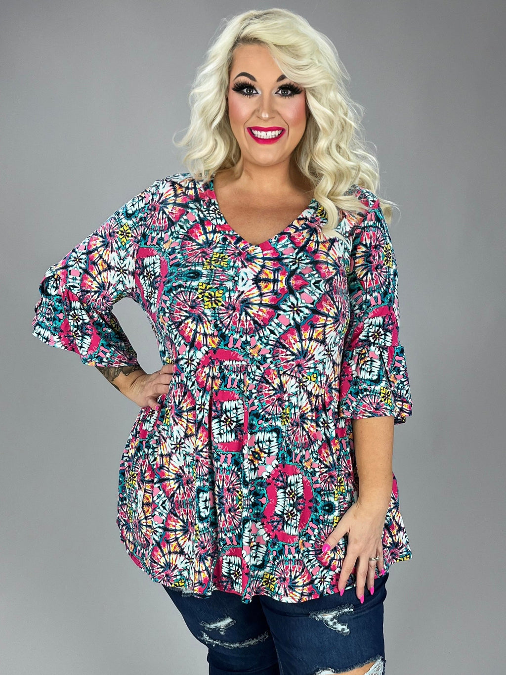 Dreams of Color Fuchsia Mint Printed Babydoll Top for Women - gallery