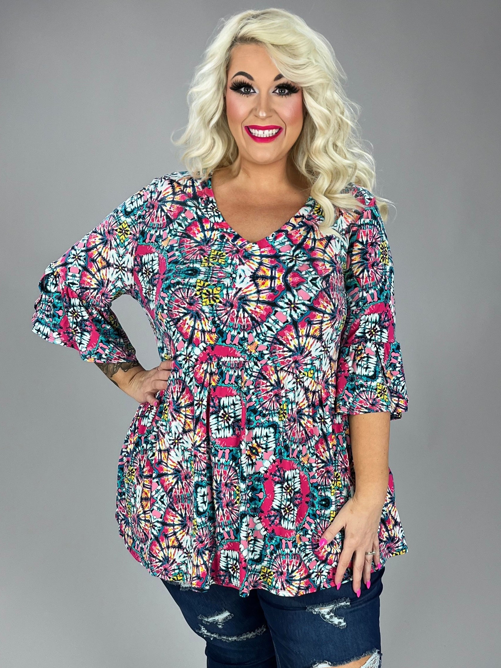 Dreams of Color Fuchsia Mint Printed Babydoll Top for Women - gallery