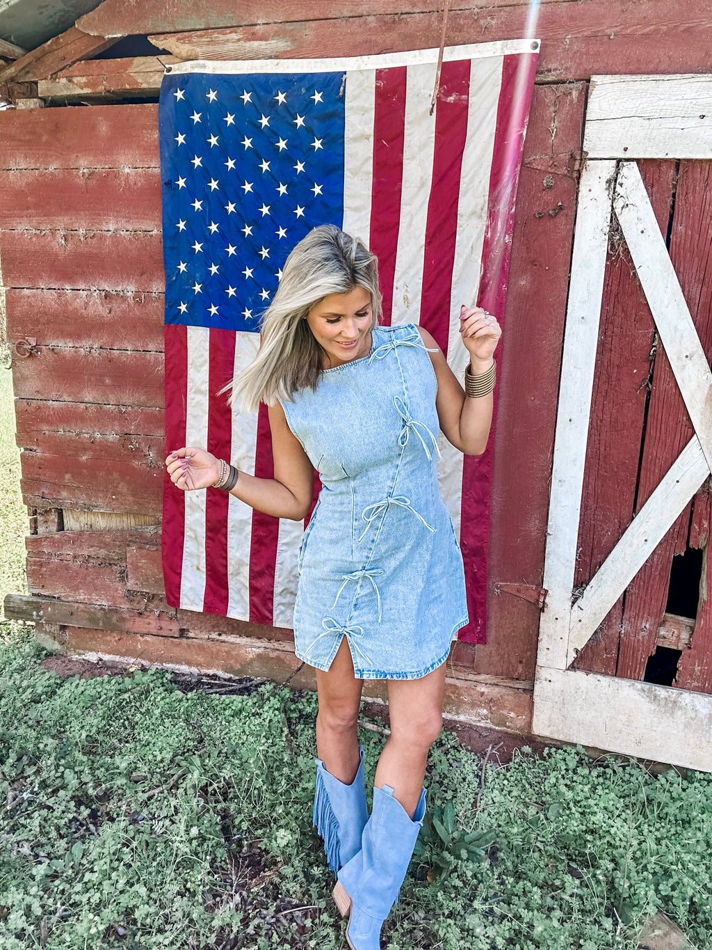 Mineral Wash Denim Dress for Women — Bow Side Slits - gallery