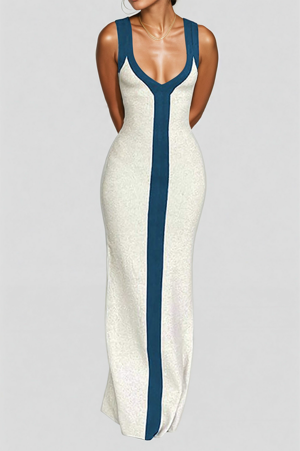 Colorblock V-Neck Ribbed Split Maxi Dress for Women - gallery