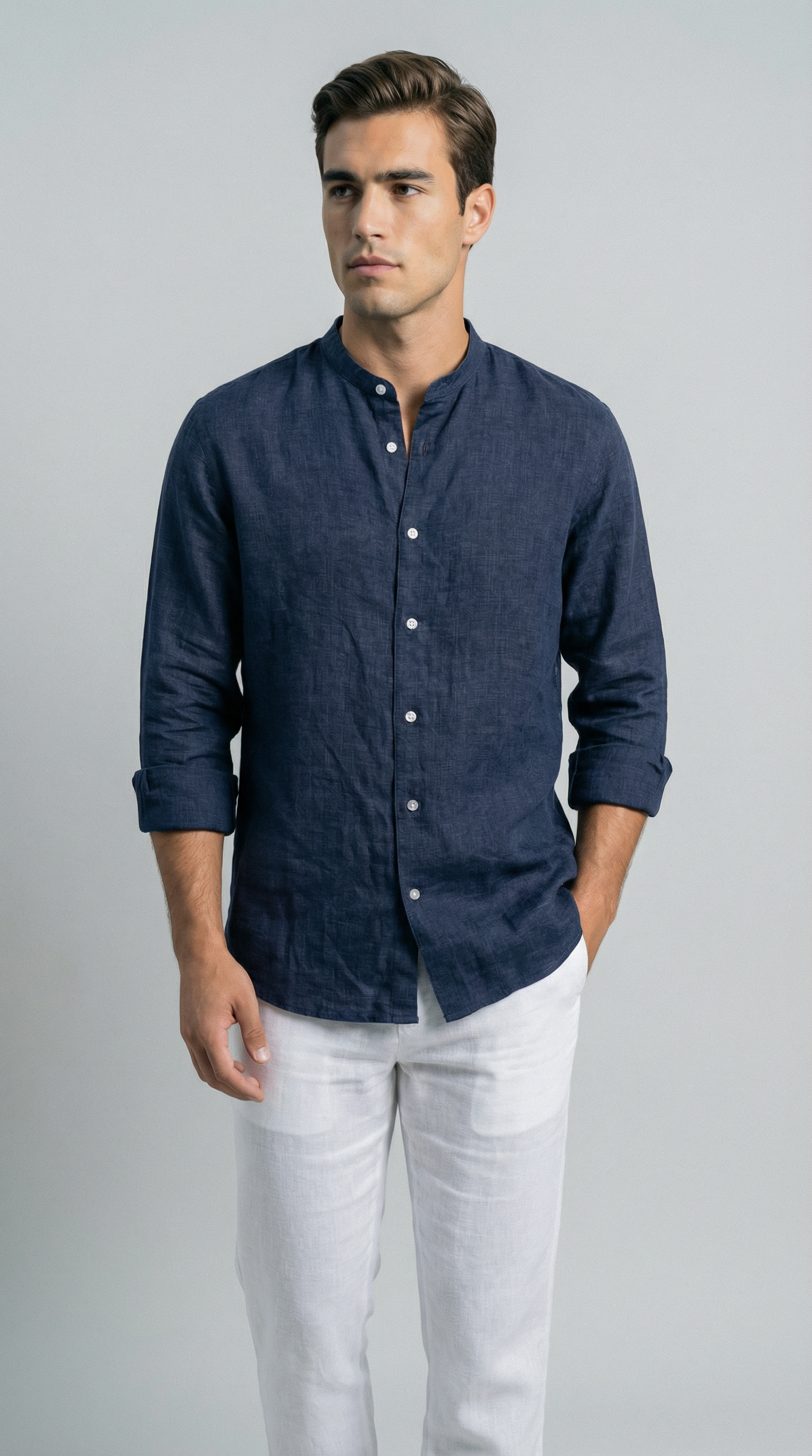 Deep Sea Blue Mandarin Italian Linen Shirt for Men