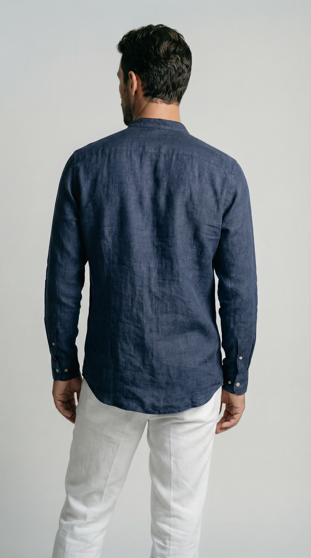 Deep Sea Blue Mandarin Italian Linen Shirt for Men — gallery