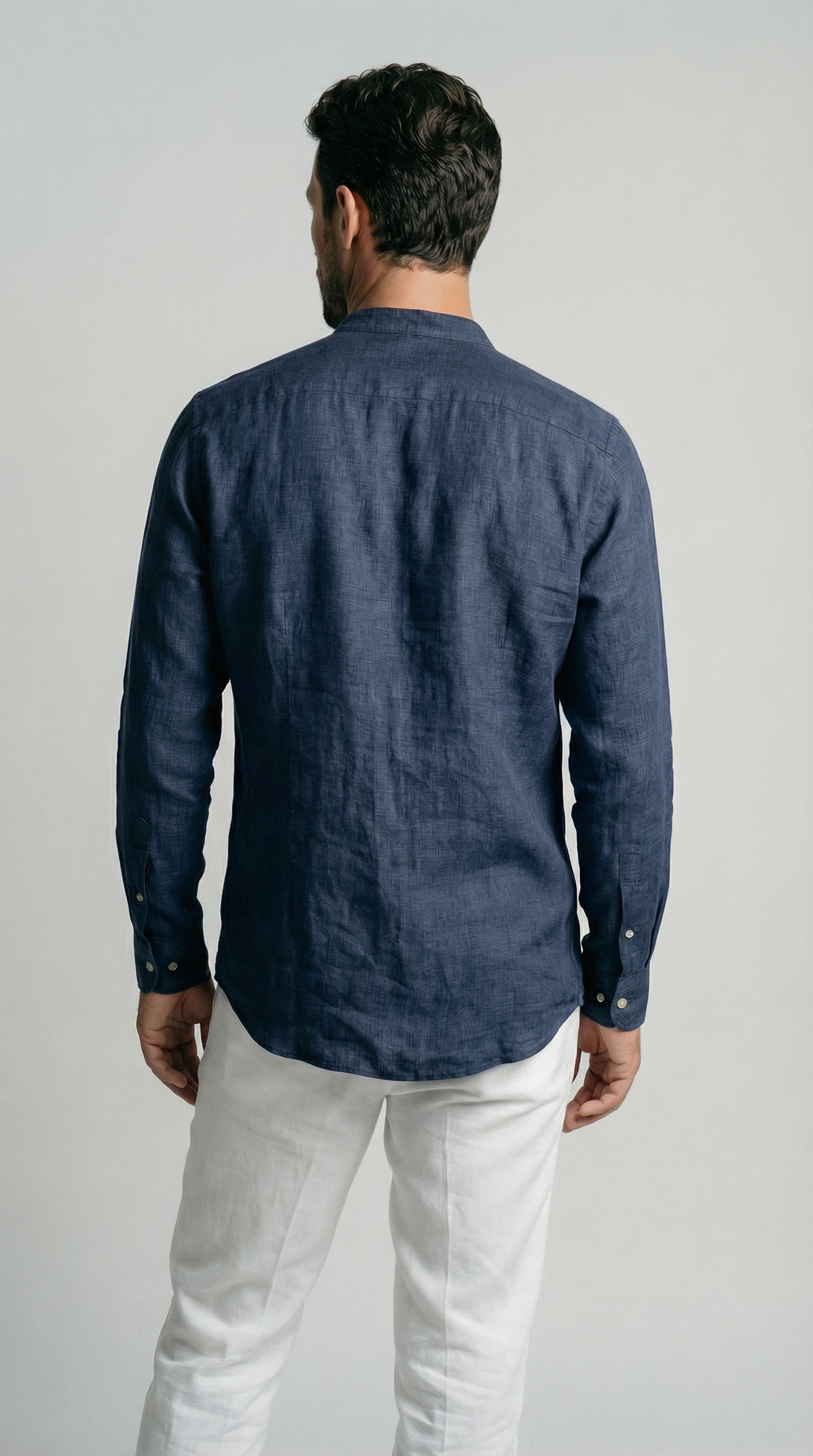 Deep Sea Blue Mandarin Italian Linen Shirt for Men — gallery
