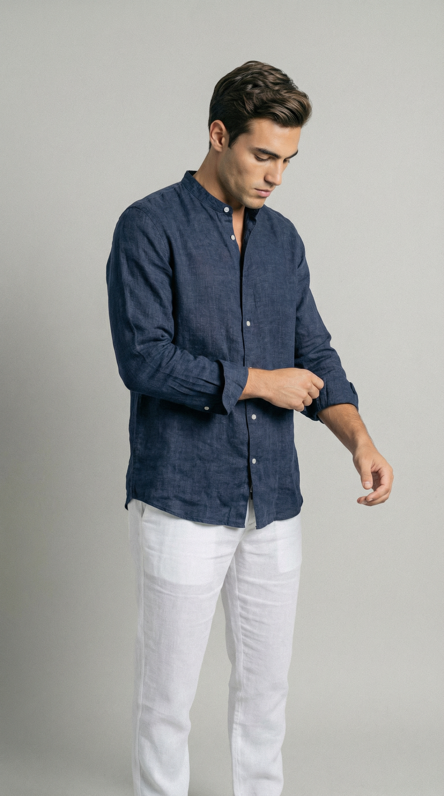 Deep Sea Blue Mandarin Italian Linen Shirt for Men — gallery