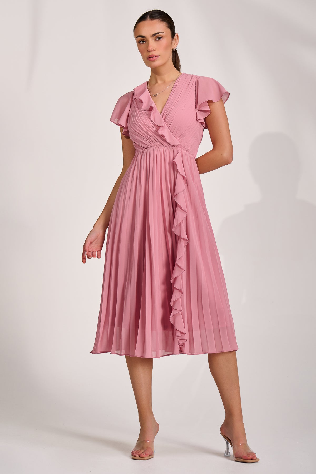 Ruffle Pleated Chiffon Midi Dress, Dusty Pink for Women
