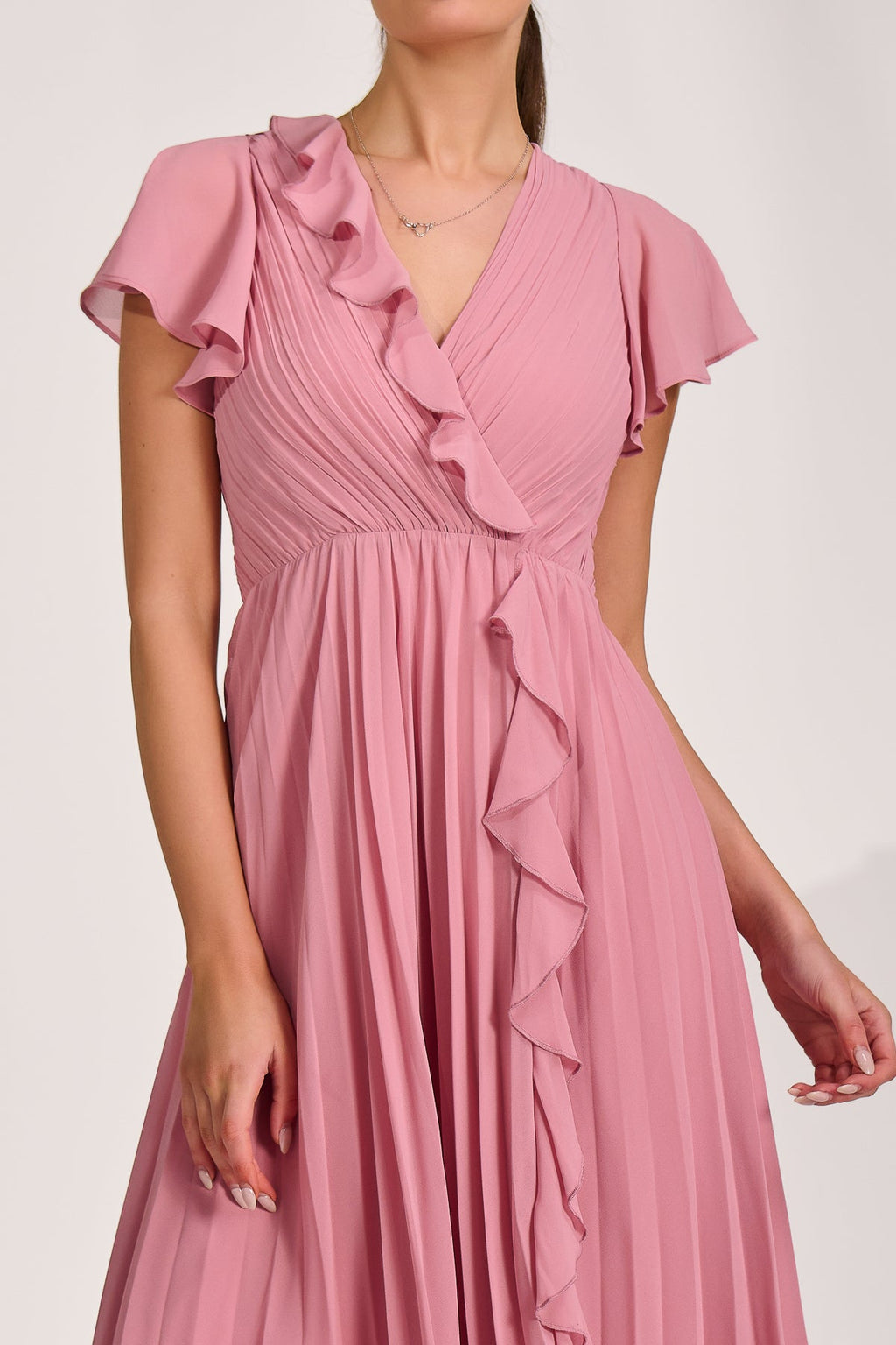 Ruffle Pleated Chiffon Midi Dress, Dusty Pink for Women - gallery