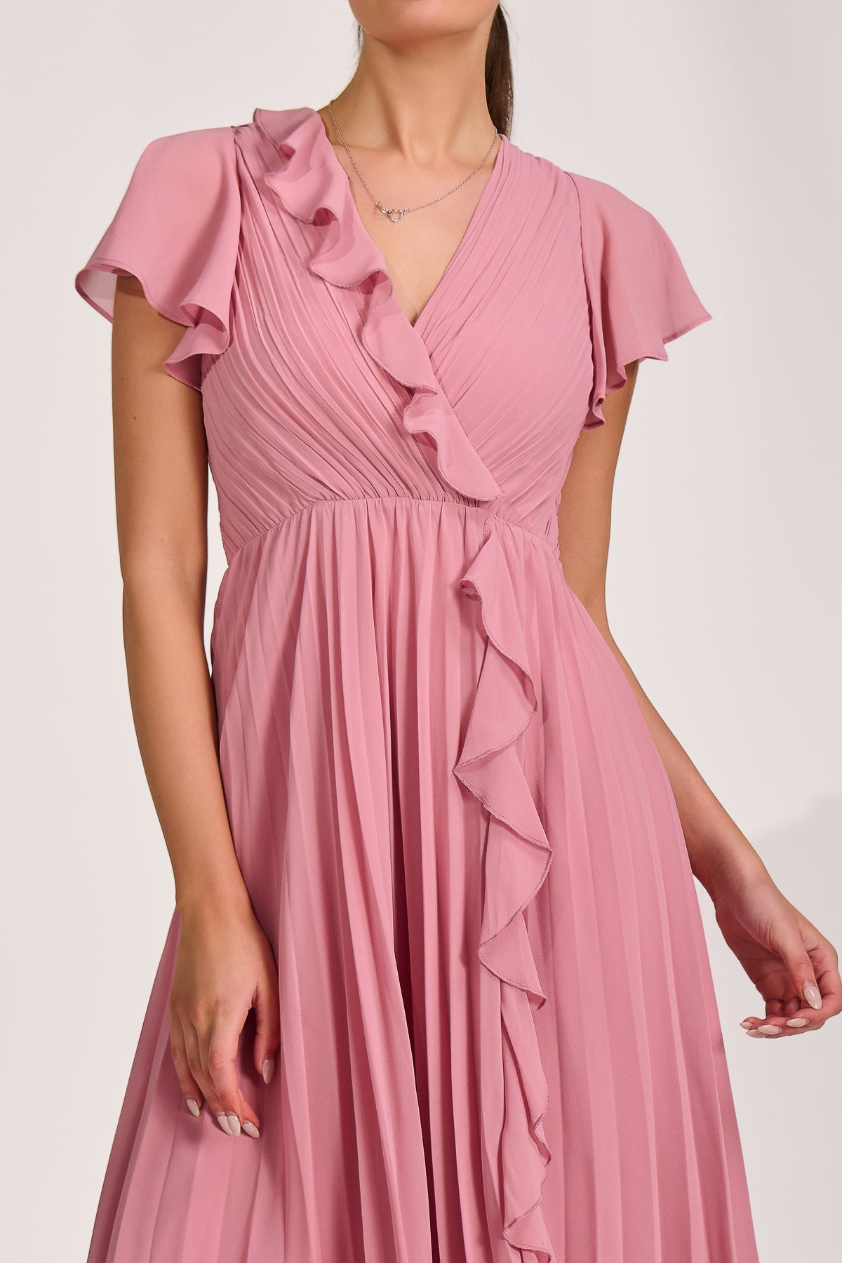 Ruffle Pleated Chiffon Midi Dress, Dusty Pink for Women - gallery