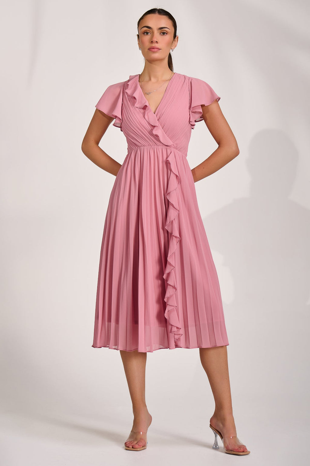 Ruffle Pleated Chiffon Midi Dress, Dusty Pink for Women - gallery