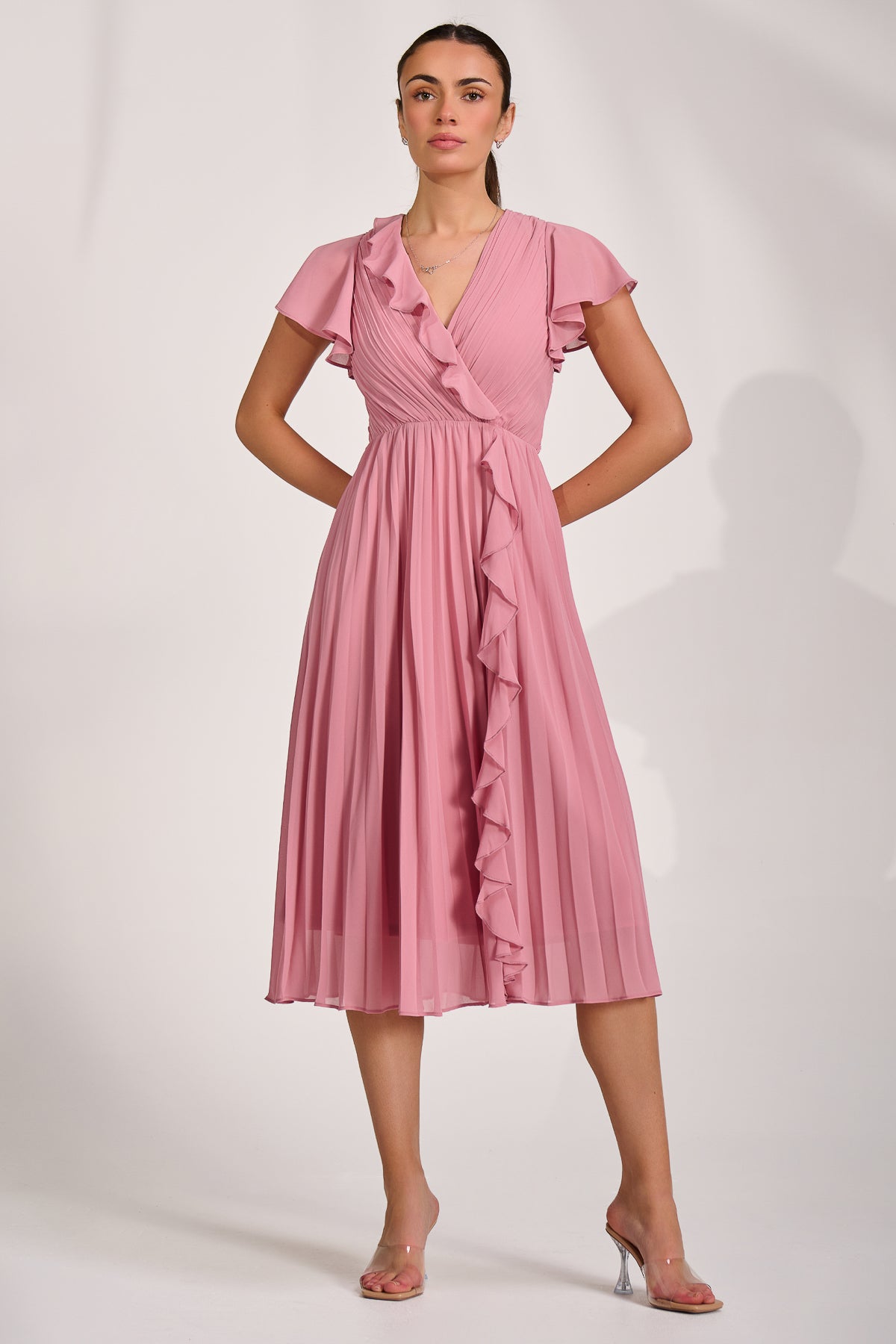 Ruffle Pleated Chiffon Midi Dress, Dusty Pink for Women - gallery