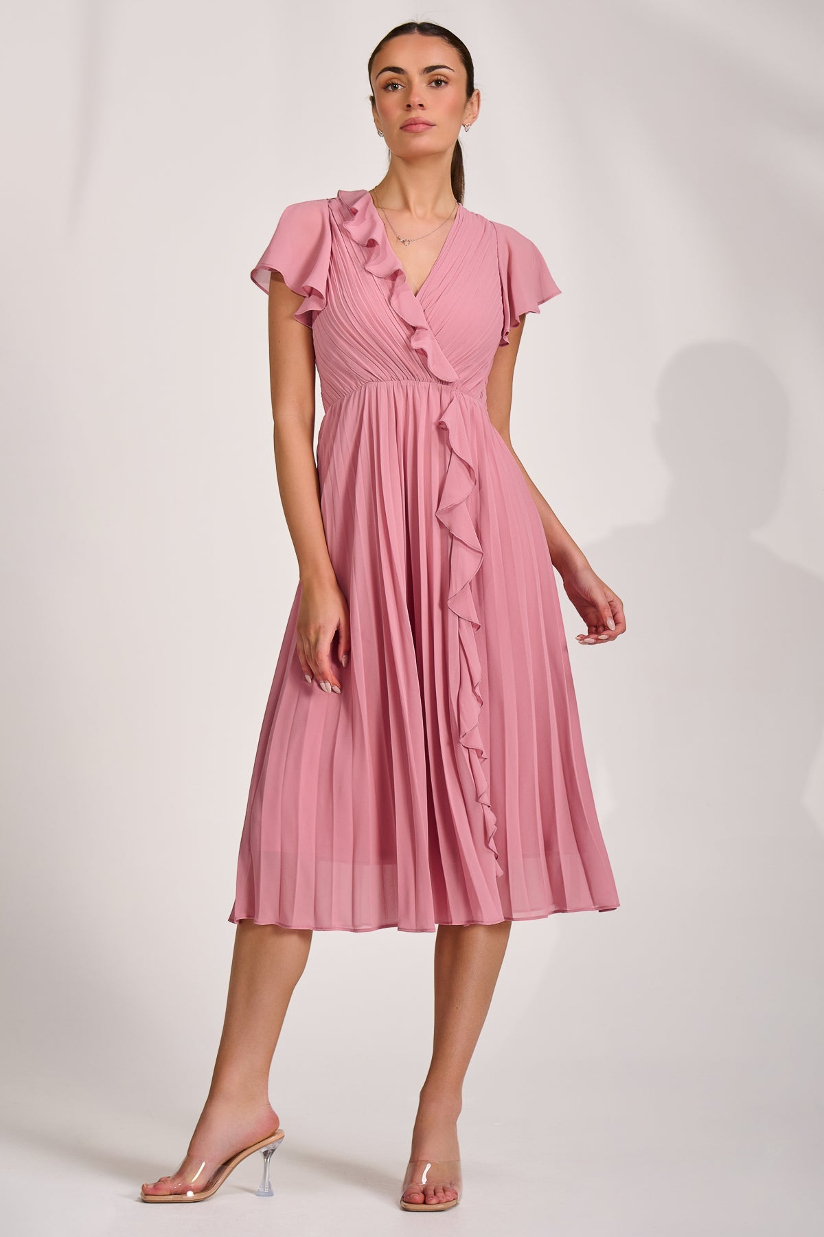 Ruffle Pleated Chiffon Midi Dress, Dusty Pink for Women - gallery