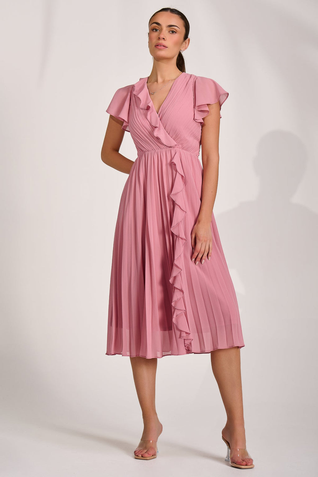 Ruffle Pleated Chiffon Midi Dress, Dusty Pink for Women - gallery