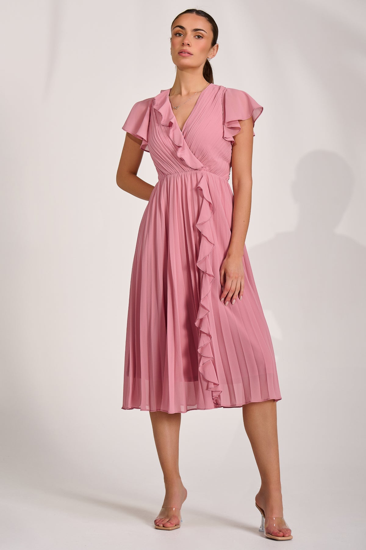 Ruffle Pleated Chiffon Midi Dress, Dusty Pink for Women - gallery