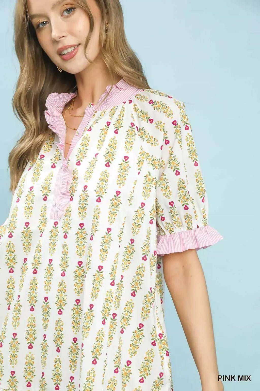 Pink Floral Tiered Mini Dress for Women — Striped Trim Detail - gallery