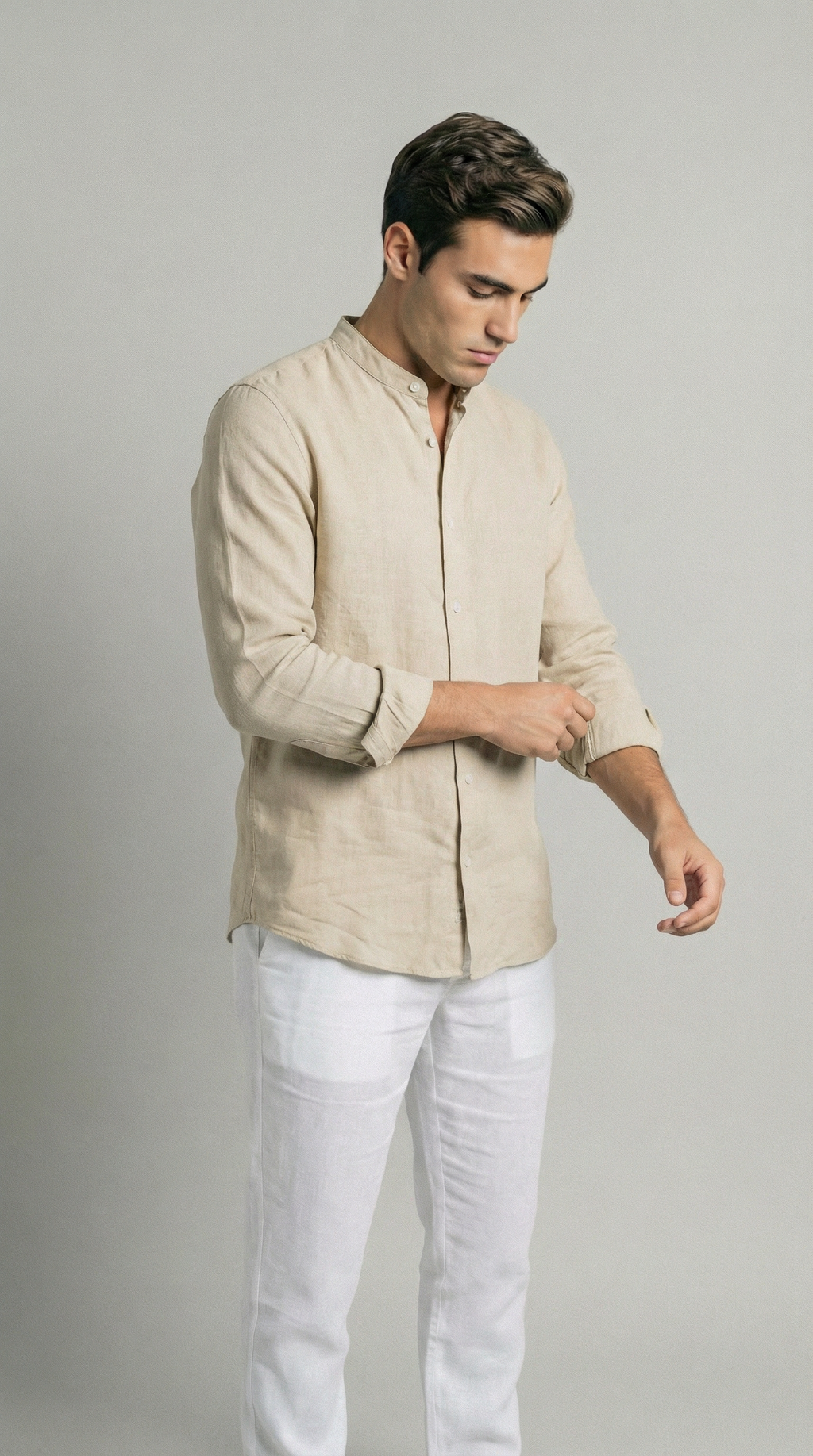 Sand Mandarin Italian Linen Shirt for Men — gallery