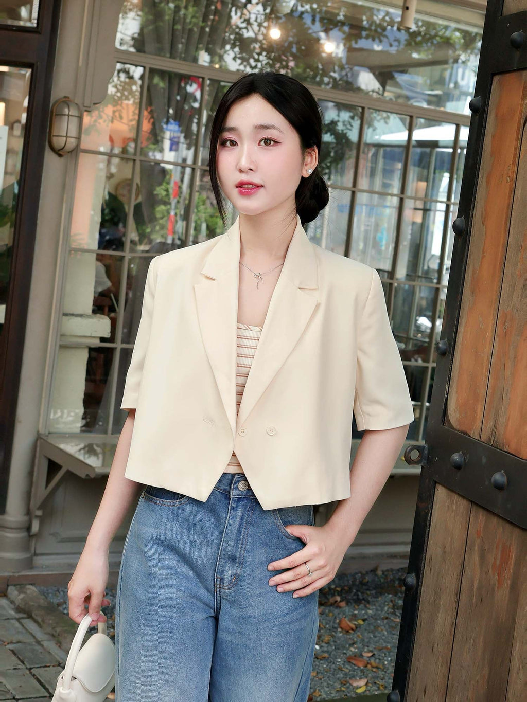 Cropped Short-Sleeve Button Blazer for Women - gallery