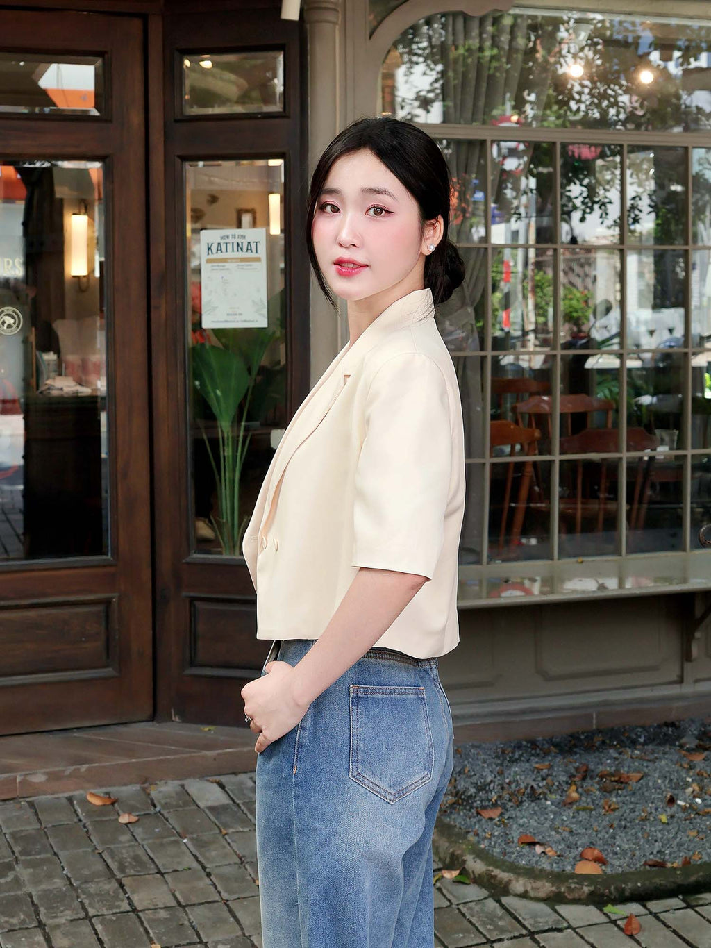 Cropped Short-Sleeve Button Blazer for Women - gallery
