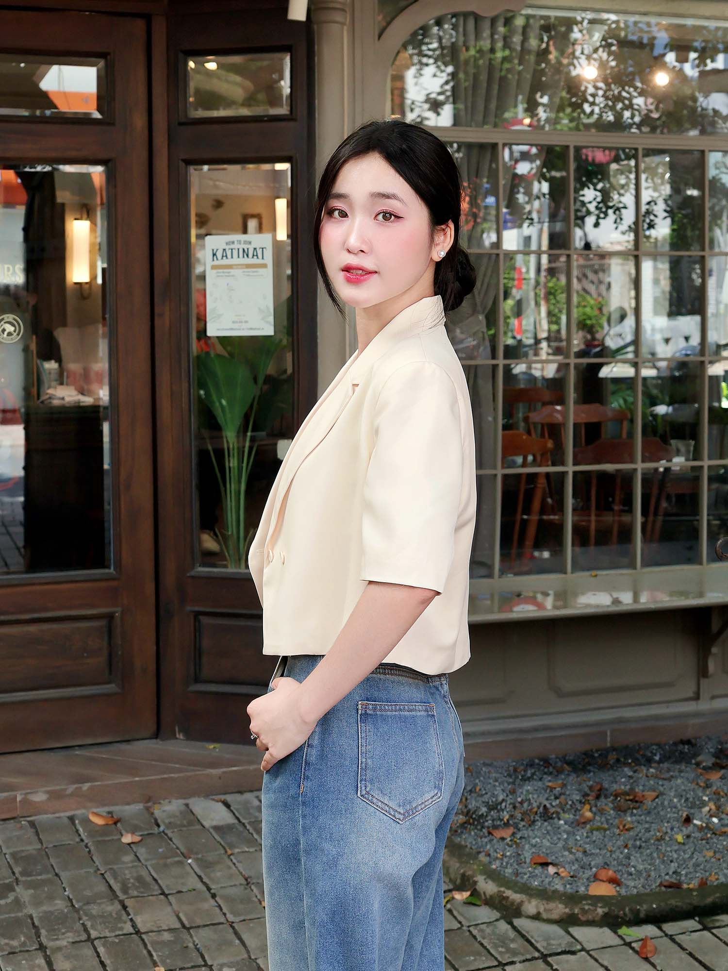 Cropped Short-Sleeve Button Blazer for Women - gallery