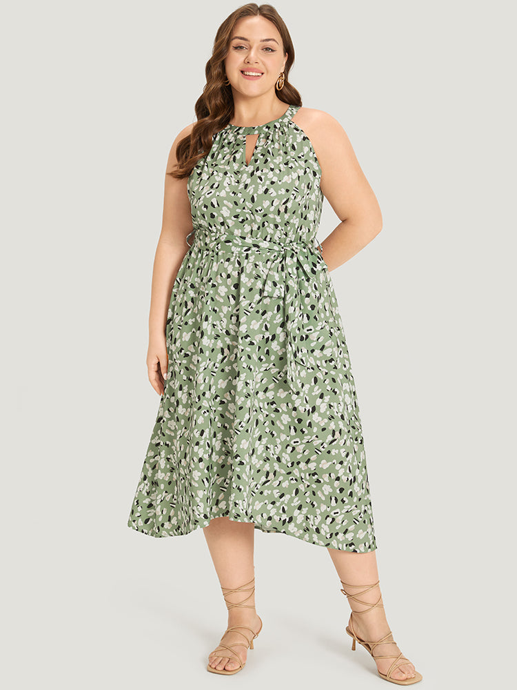 Allover Print Halter Keyhole Pocket Belted Ties Dress for Women - gallery
