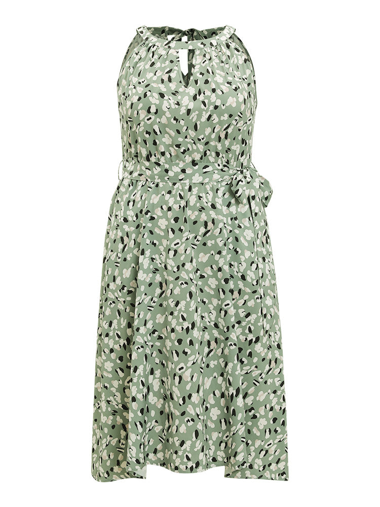 Allover Print Halter Keyhole Pocket Belted Ties Dress for Women - gallery