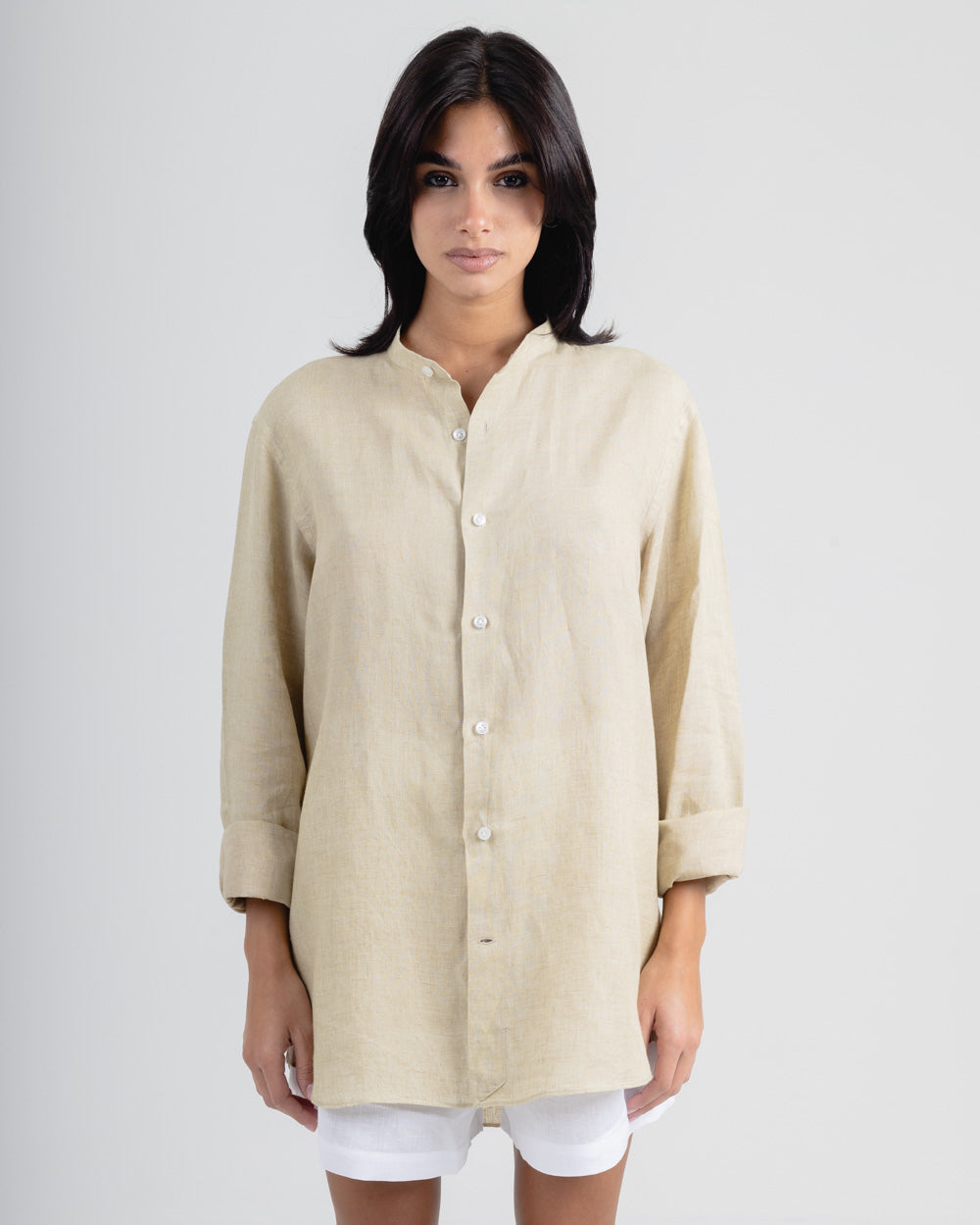 Beige Mandarin Italian Linen Shirt for Men — gallery