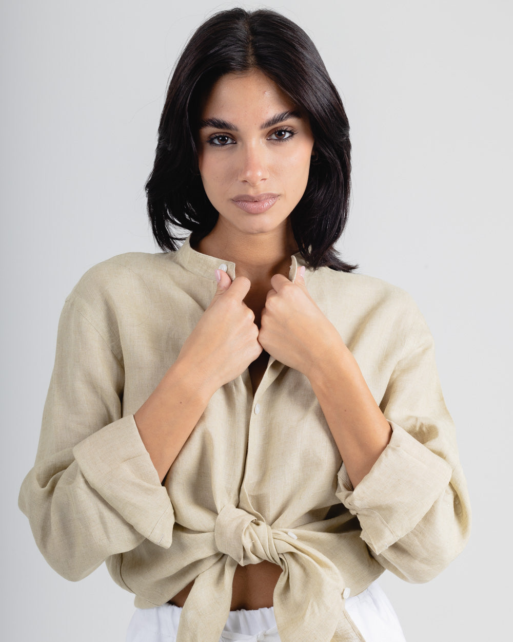 Beige Mandarin Italian Linen Shirt for Men — gallery
