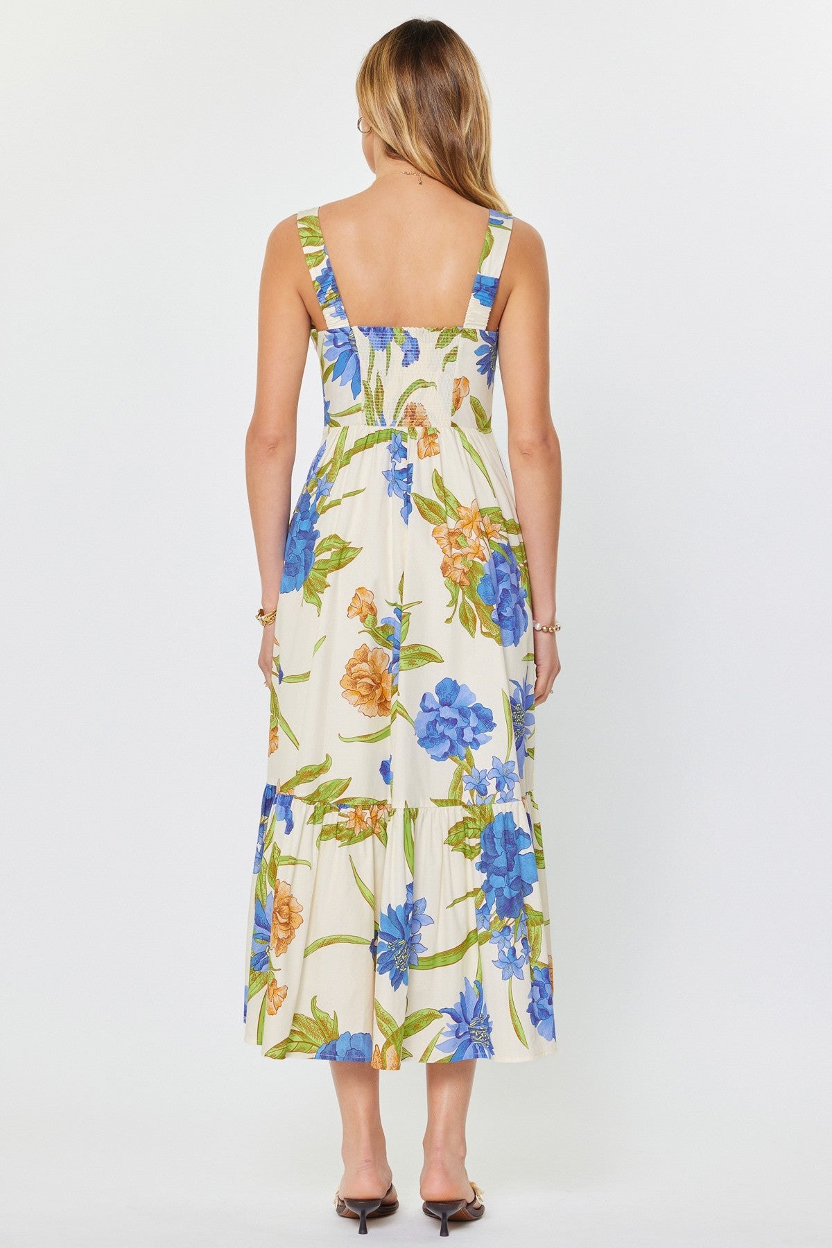 Floral Heart-Neck Tiered Midi Dress for Women — Smocked Back - gallery
