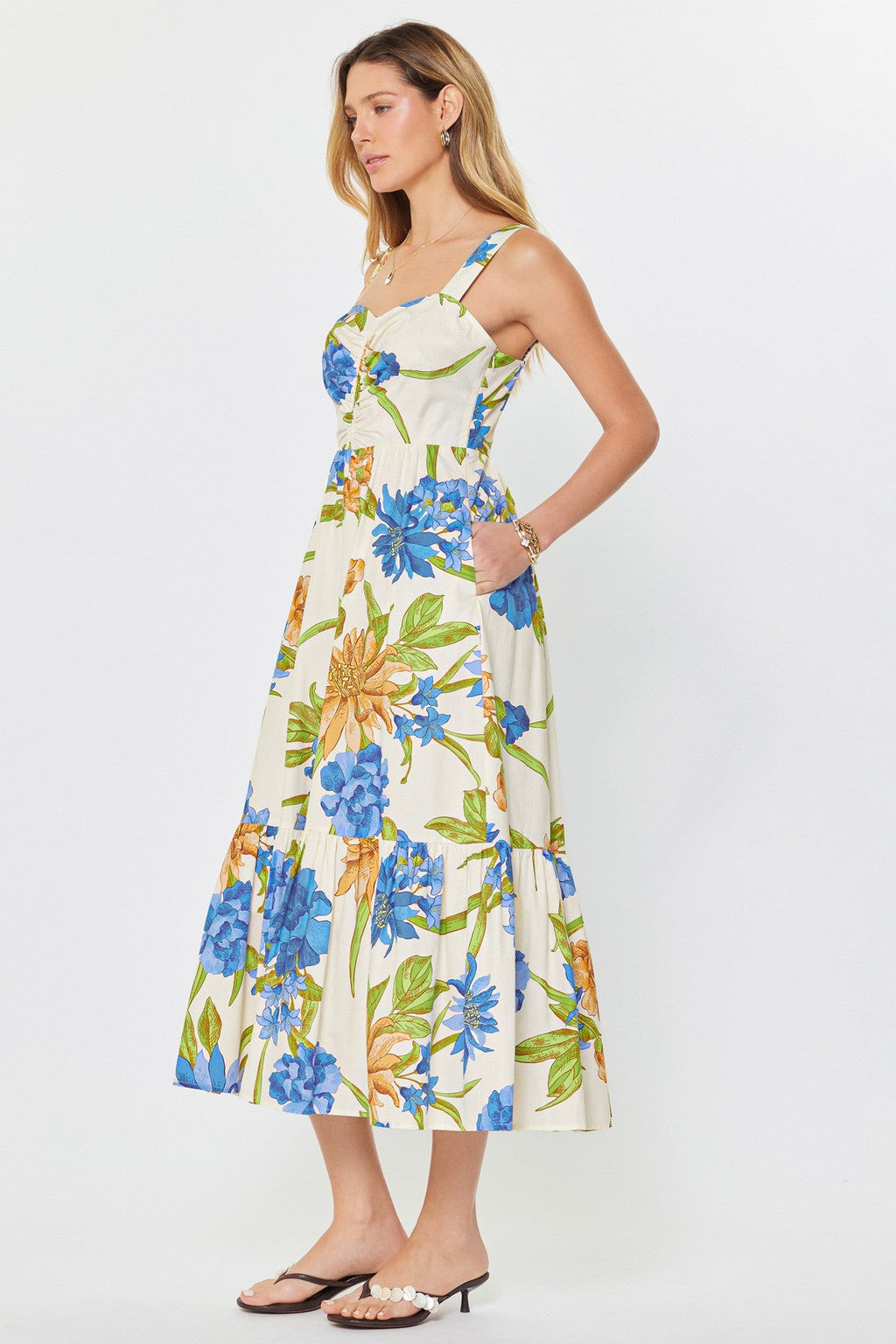 Floral Heart-Neck Tiered Midi Dress for Women — Smocked Back - gallery