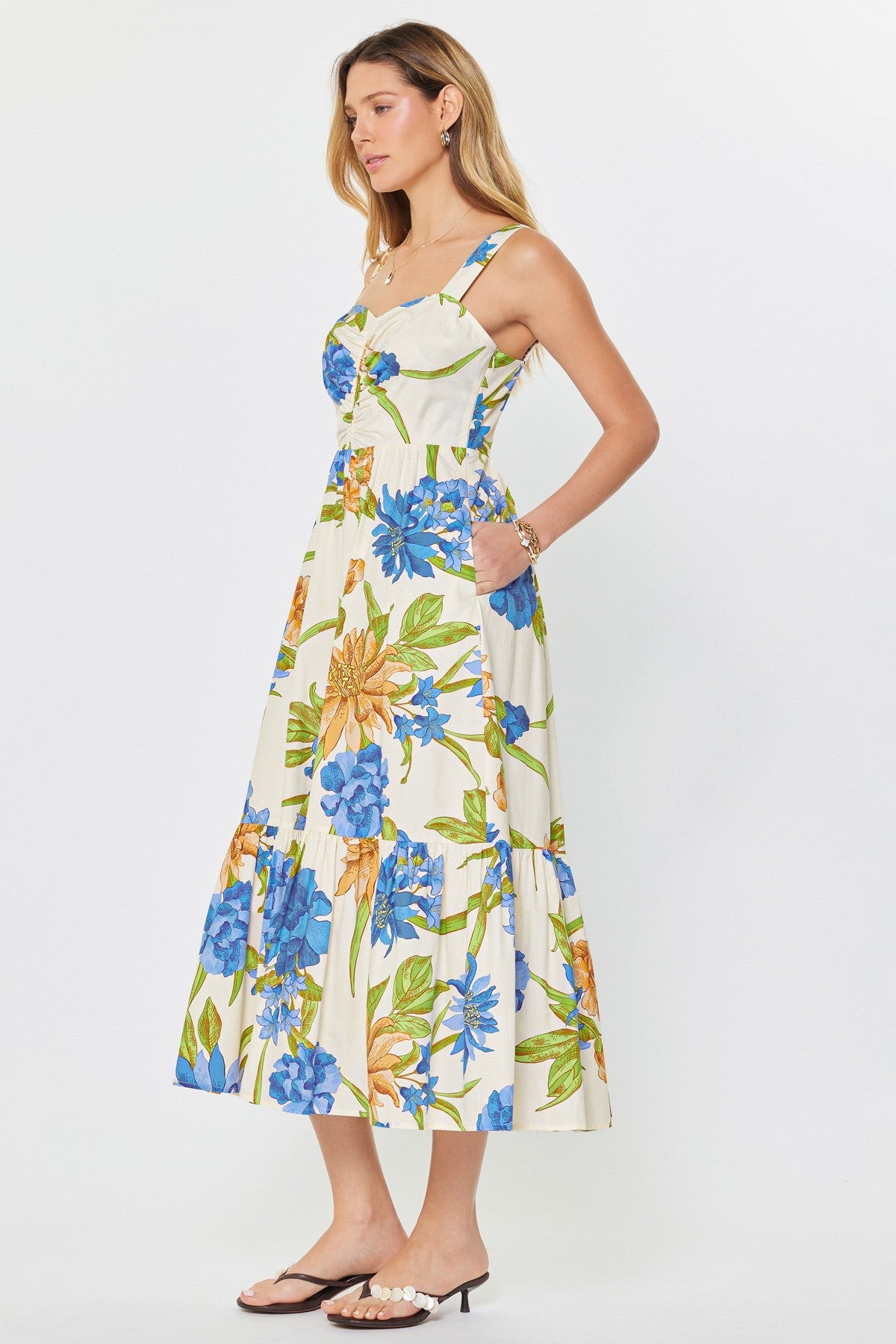 Floral Heart-Neck Tiered Midi Dress for Women — Smocked Back - gallery