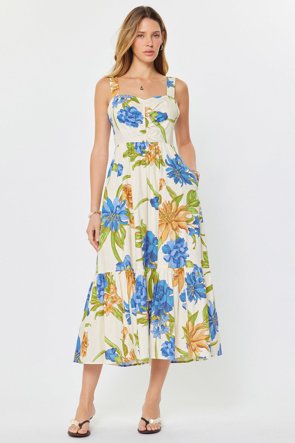 Floral Heart-Neck Tiered Midi Dress for Women — Smocked Back