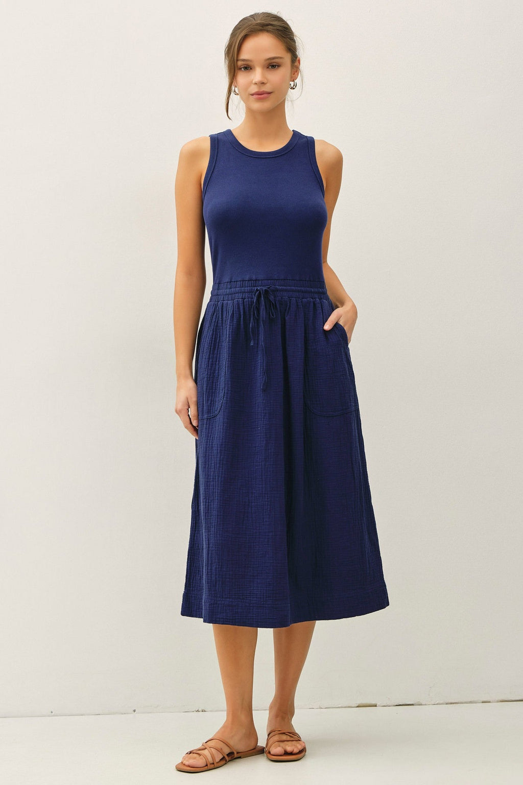 Cotton Gauze Tank Dress for Women — Drawstring Waist and Pockets