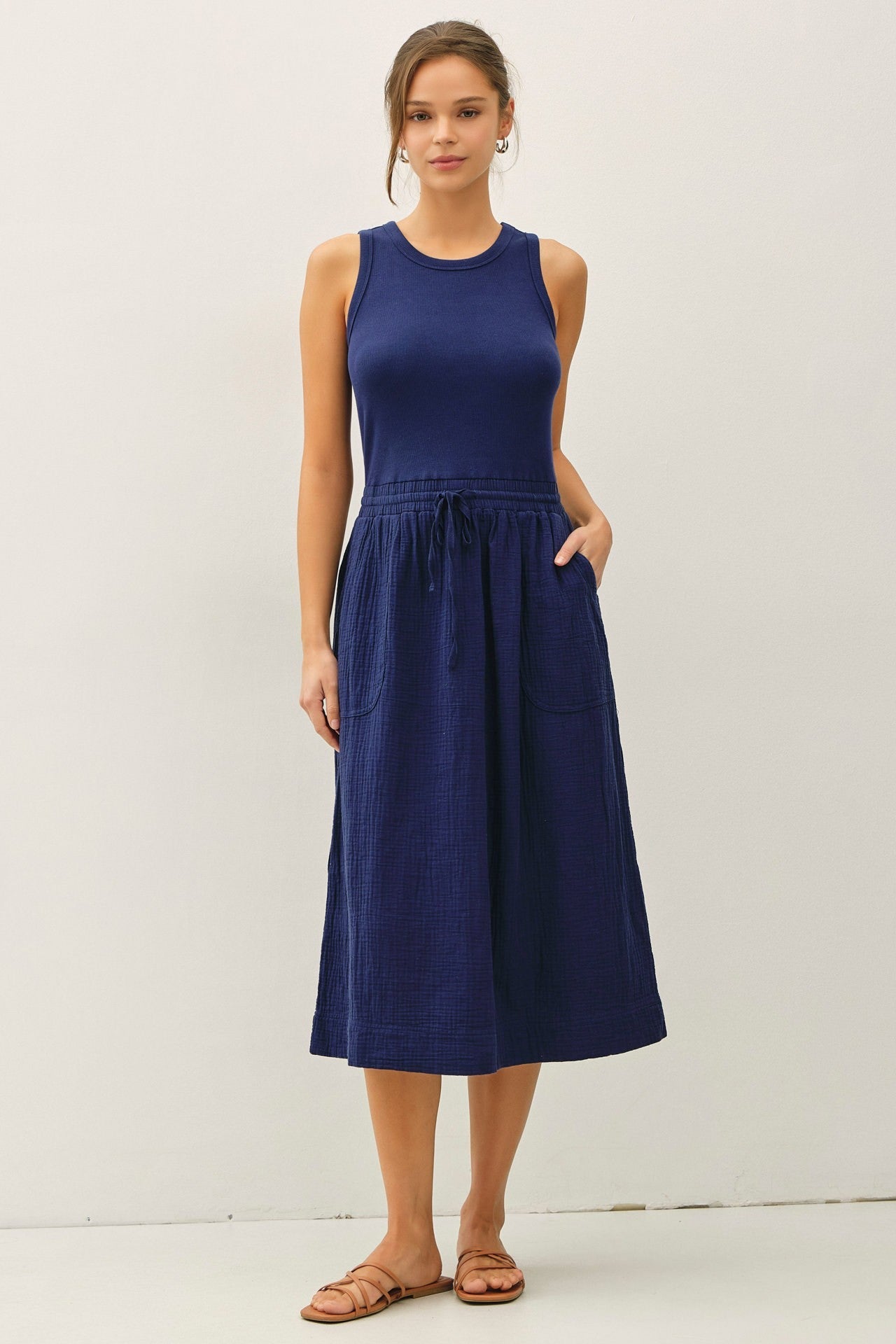 Cotton Gauze Tank Dress for Women — Drawstring Waist and Pockets