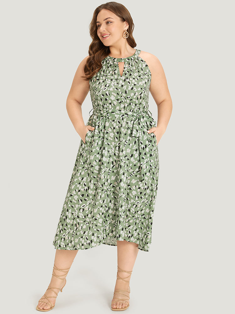 Allover Print Halter Keyhole Pocket Belted Ties Dress for Women - gallery