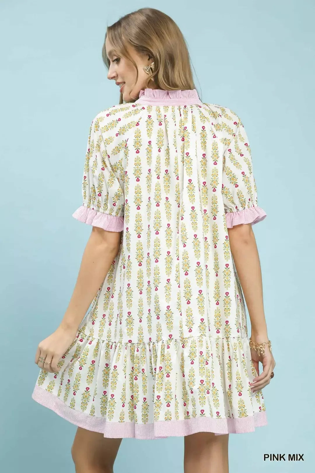 Pink Floral Tiered Mini Dress for Women — Striped Trim Detail - gallery
