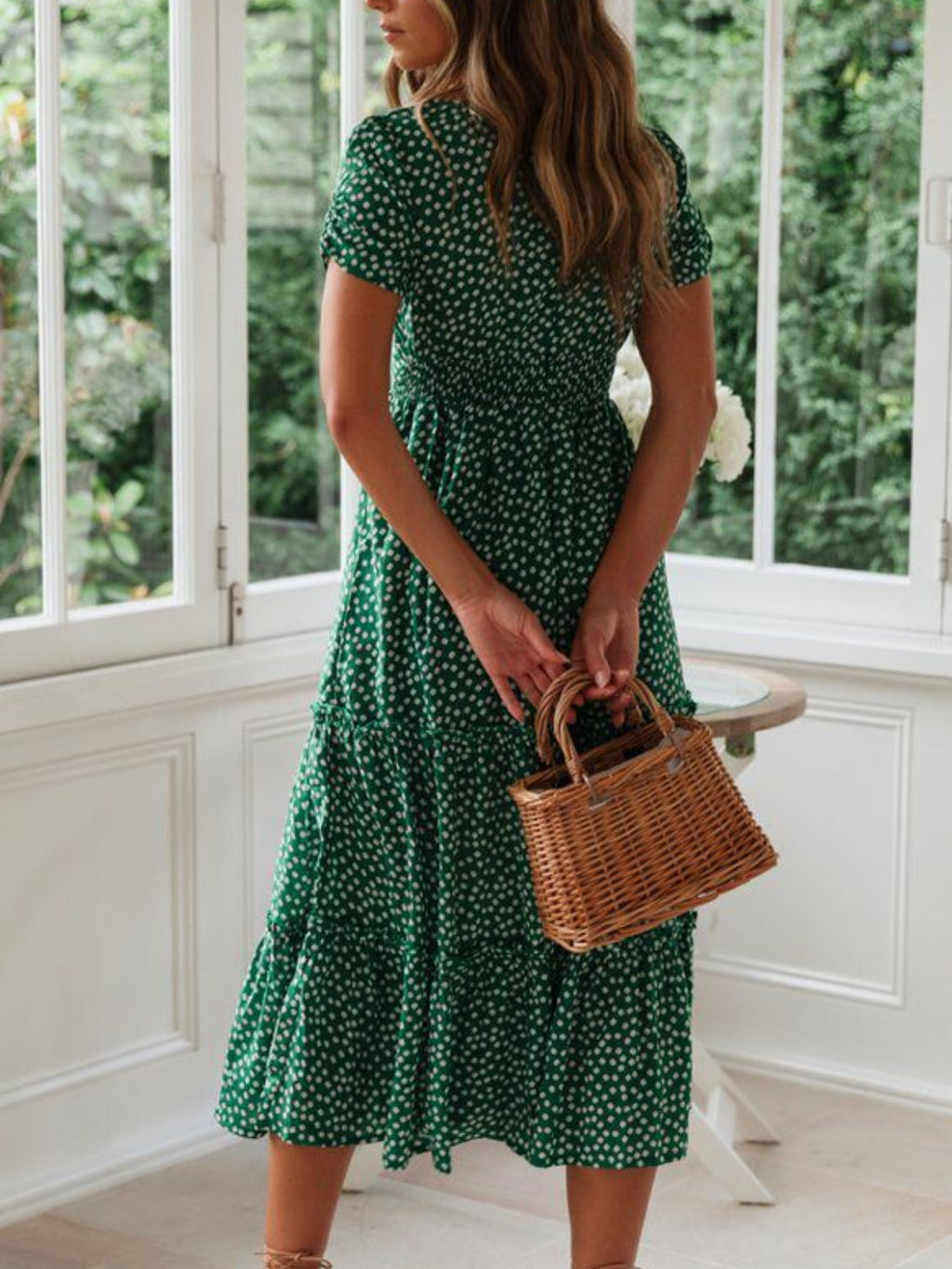 Printed Square Neck Short Sleeve Midi Dress for Women - gallery
