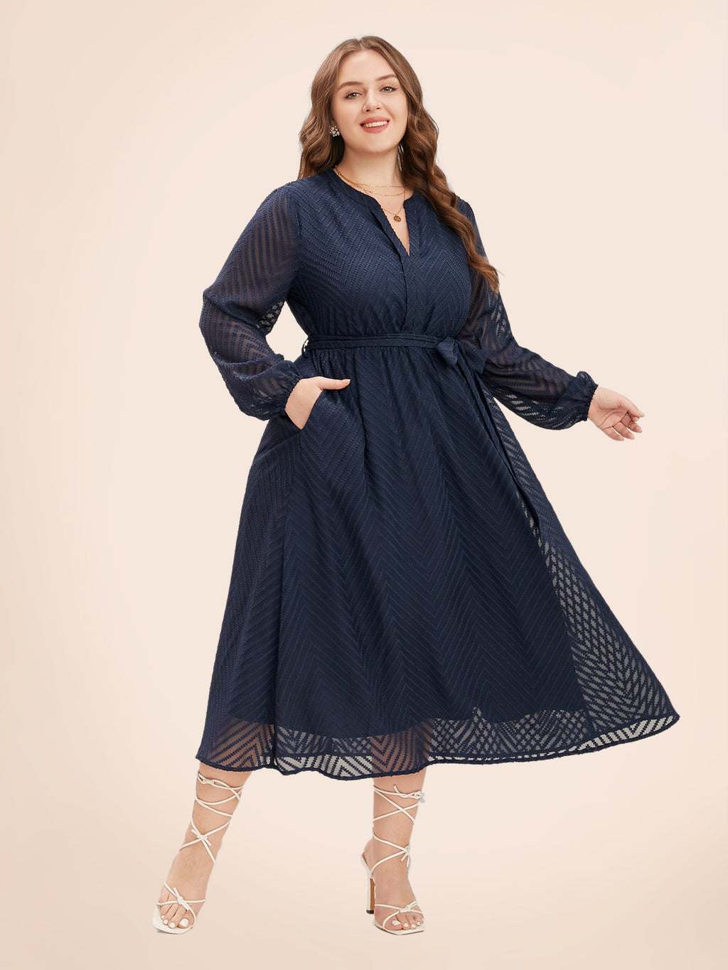 Solid Geometric Pocket Mesh Lantern Sleeve Belted Dress for Women - gallery