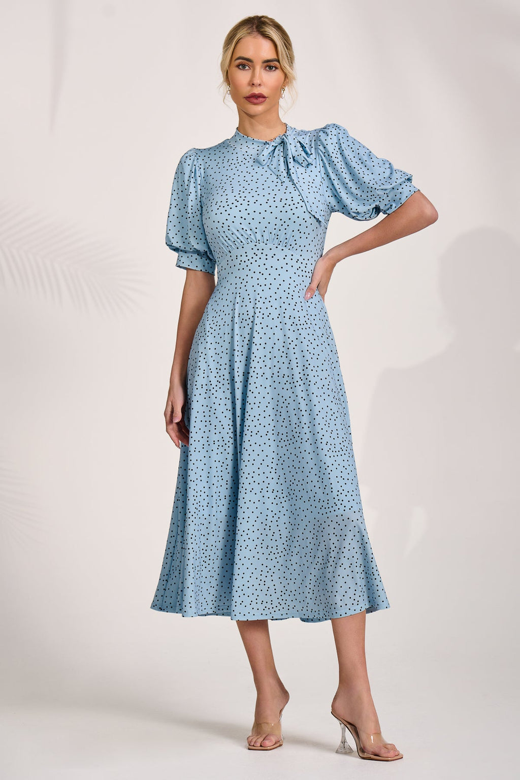 Tie Neck Puffy Sleeve Jersey Midi Dress, Blue Spot for Women