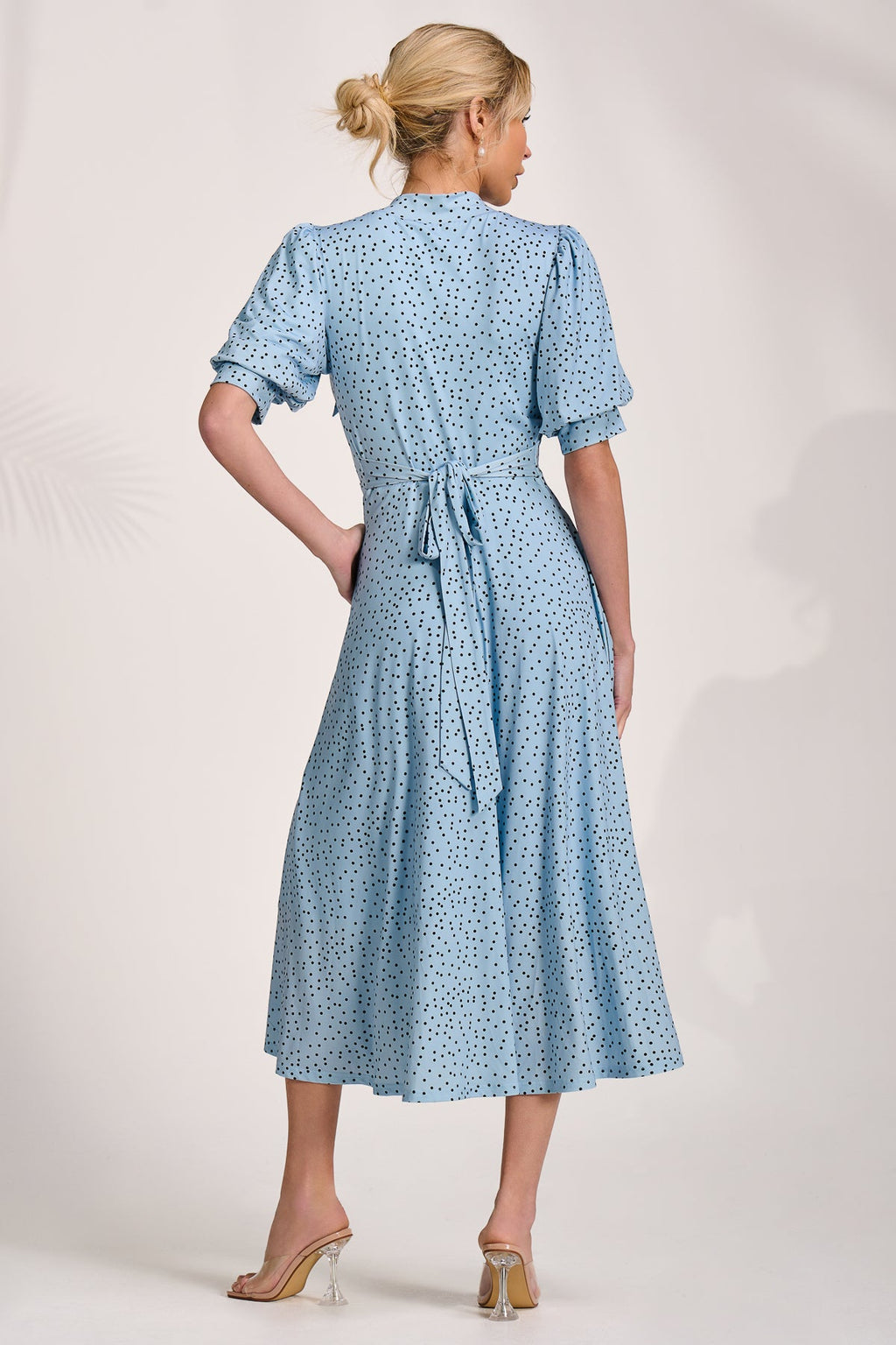 Tie Neck Puffy Sleeve Jersey Midi Dress, Blue Spot for Women - gallery