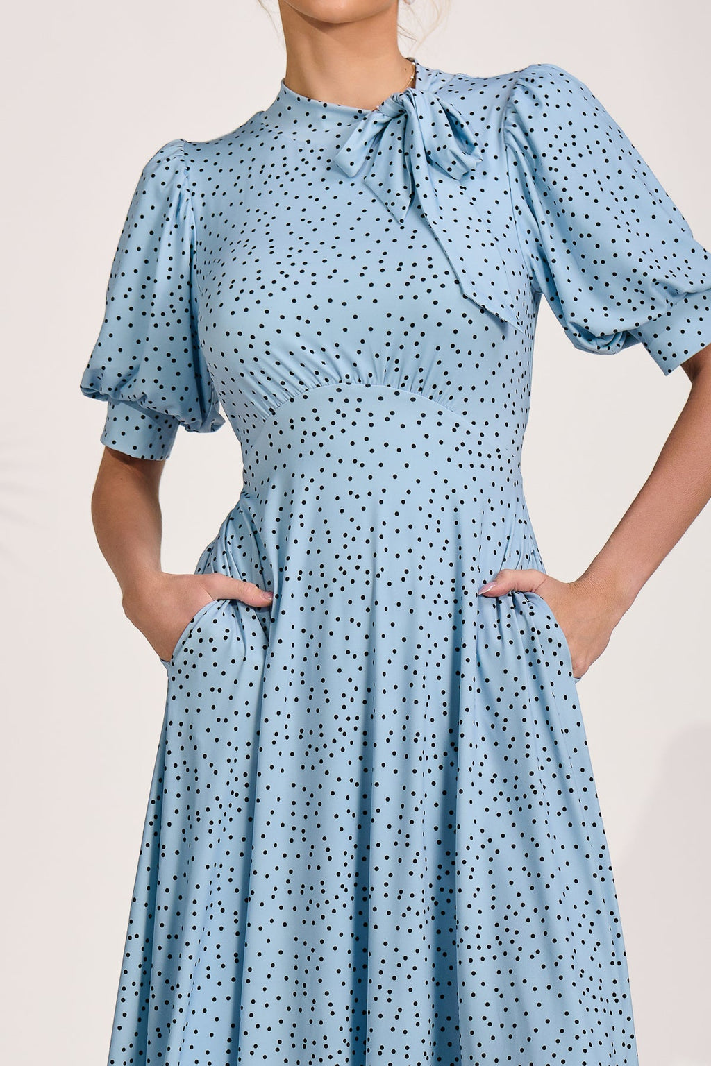 Tie Neck Puffy Sleeve Jersey Midi Dress, Blue Spot for Women - gallery