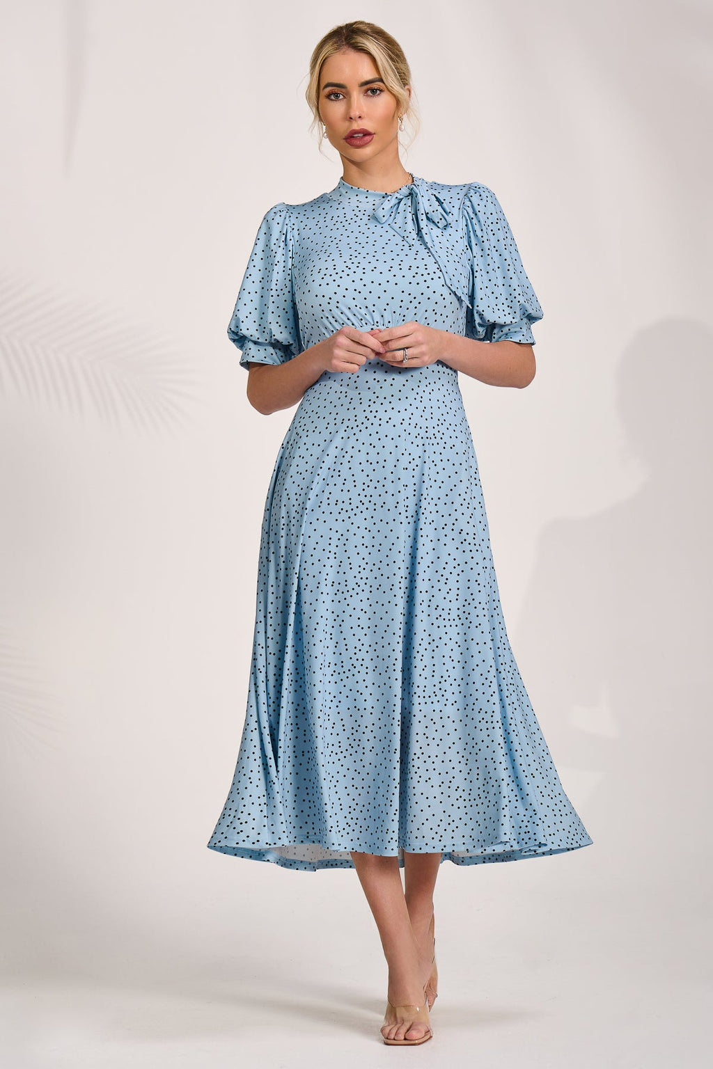 Tie Neck Puffy Sleeve Jersey Midi Dress, Blue Spot for Women - gallery