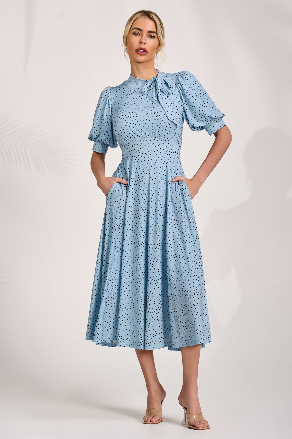 Tie Neck Puffy Sleeve Jersey Midi Dress, Blue Spot for Women - gallery