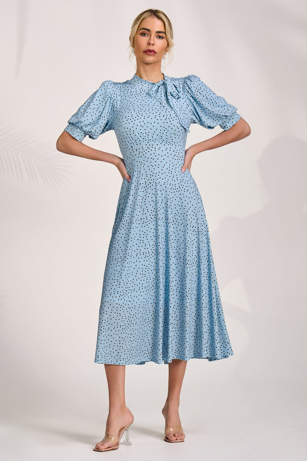 Tie Neck Puffy Sleeve Jersey Midi Dress, Blue Spot for Women - gallery